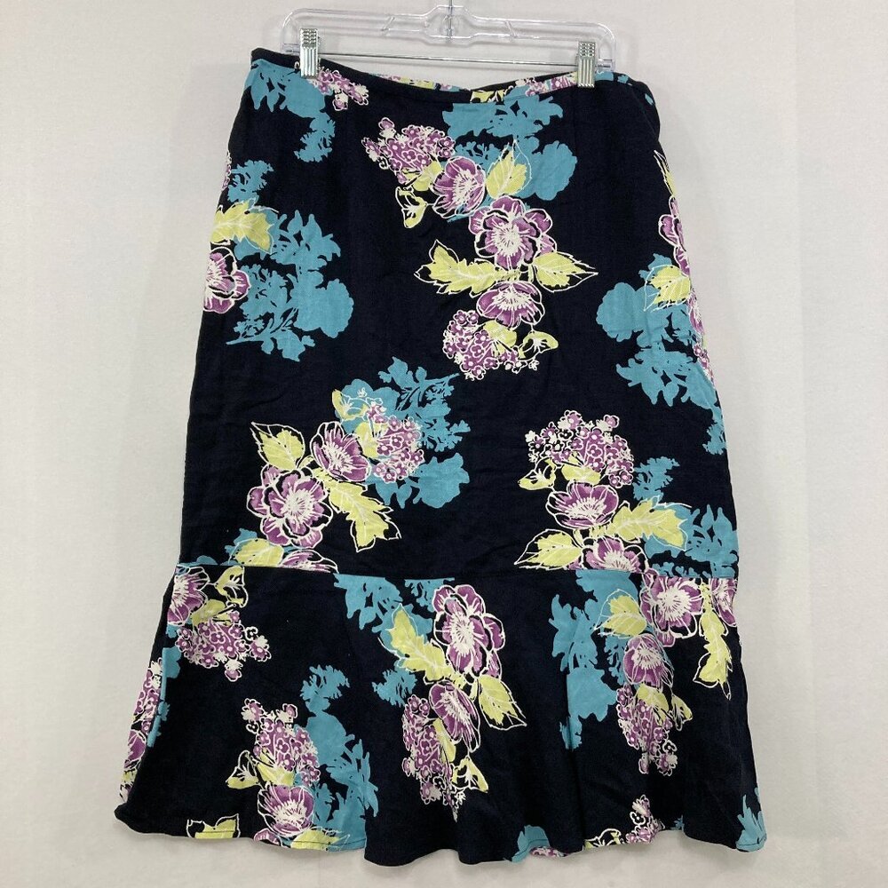 New Emma James size 16W Black Multi Color Floral Linen Blend Midi Skirt Feminine